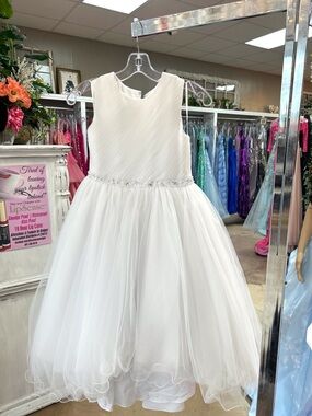 Joan Calabrese White Tulle Ball Gown with Beaded Waist